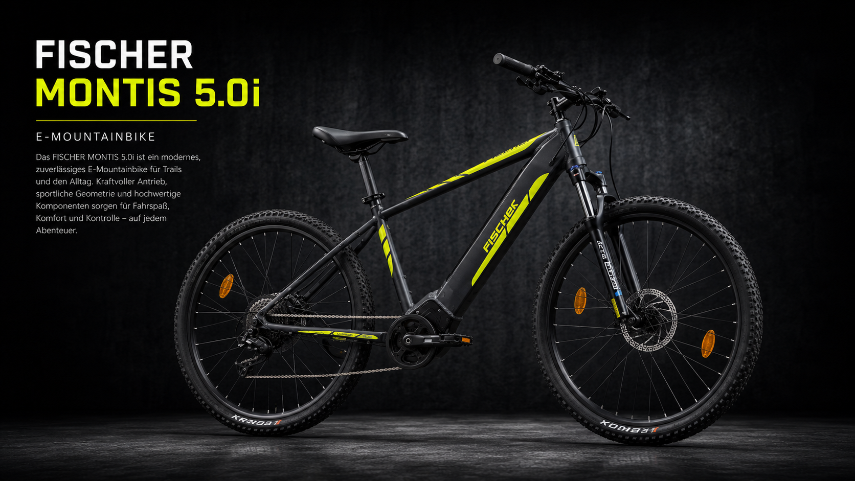 Dunkles Fischer Montis 5.0i E-Mountainbike mit neongelben Details