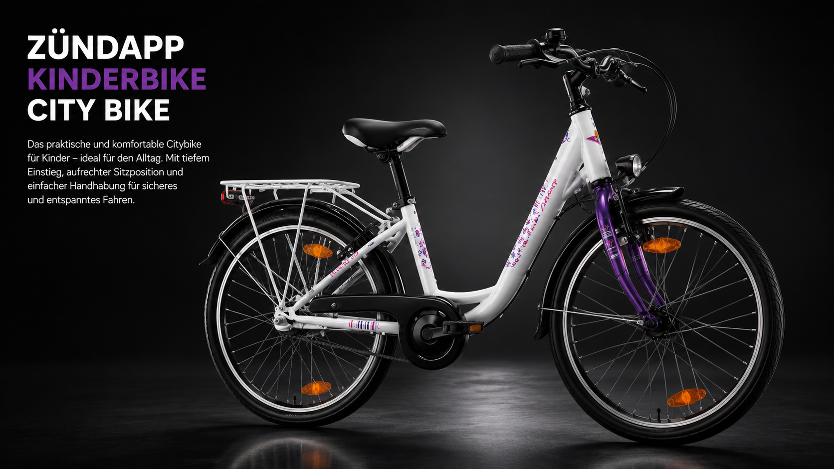 Weißes Zündapp Kinder-Citybike mit violetten Details
