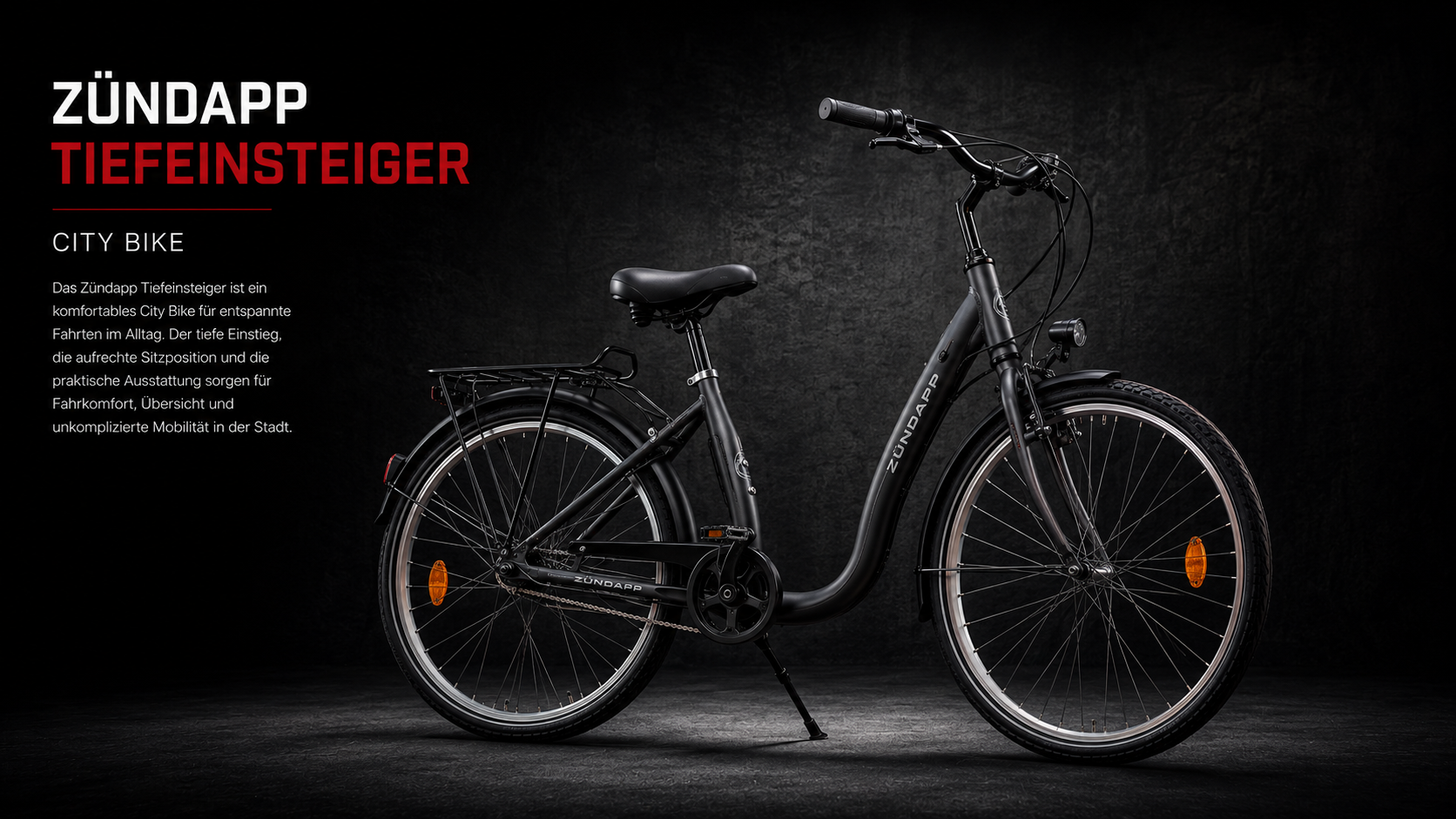 Schwarzes Zündapp Citybike mit tiefem Einstieg und Gepäckträger