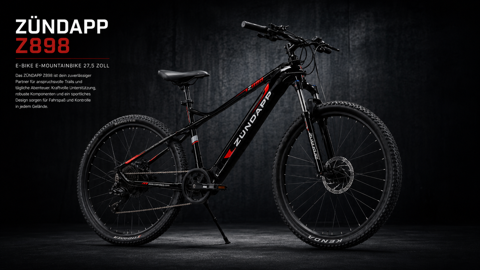 Schwarzes Zündapp Z898 E-Mountainbike mit roten Details